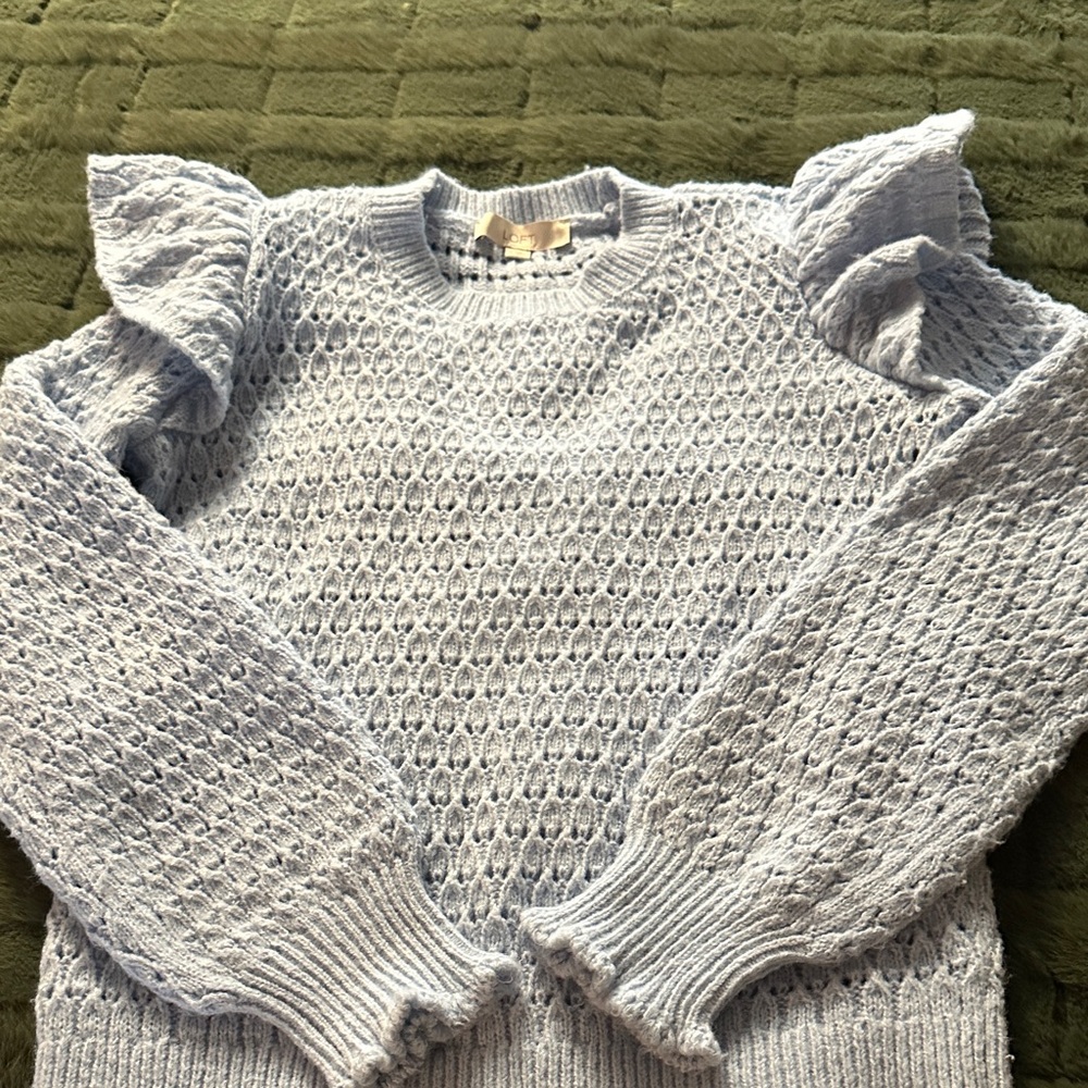 LOFT Soft Blue Textured Sweater with Ruffled Sleeves